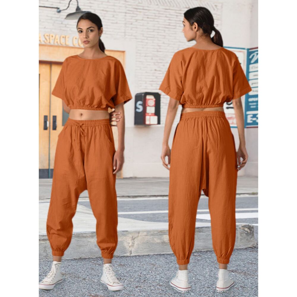 Eurivicy Casual Short Sleeve Crop Top Jogger Pant With Pockets Set Sz S